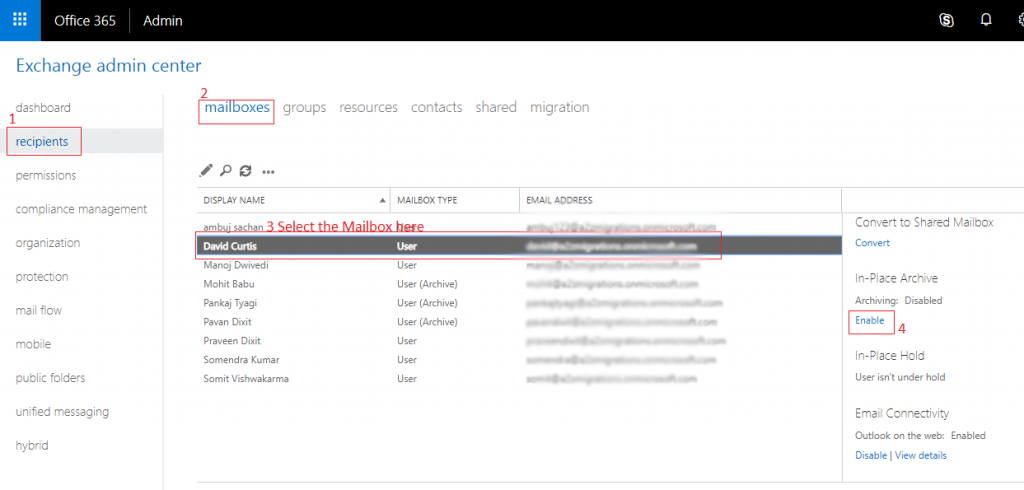 Enable Archive Mailbox in Office 365 using EAC and PowerShell