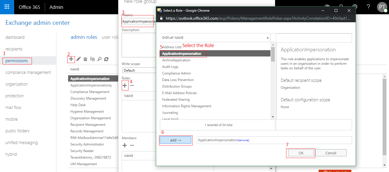 How to Assign Application Impersonation rights for Office 365 user Mailbox
